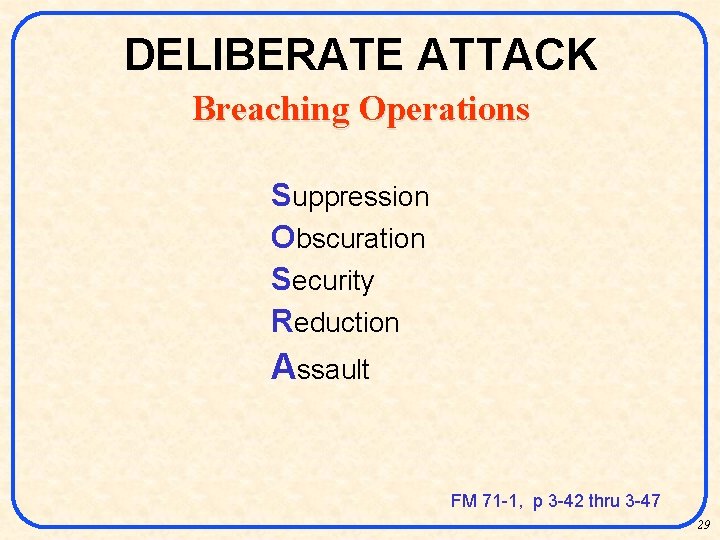 DELIBERATE ATTACK Breaching Operations Suppression Obscuration Security Reduction Assault FM 71 -1, p 3