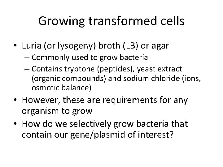 Growing transformed cells • Luria (or lysogeny) broth (LB) or agar – Commonly used