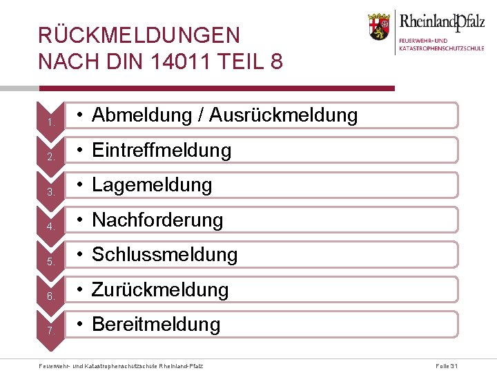 RÜCKMELDUNGEN NACH DIN 14011 TEIL 8 1. • Abmeldung / Ausrückmeldung 2. • Eintreffmeldung