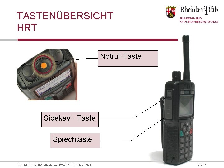 TASTENÜBERSICHT HRT Notruf-Taste Sidekey - Taste Sprechtaste Feuerwehr- und Katastrophenschutzschule Rheinland-Pfalz Folie 34 