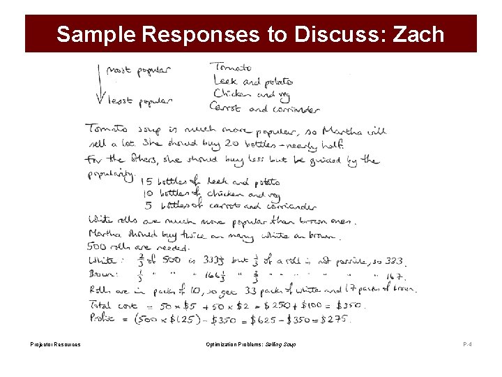 Sample Responses to Discuss: Zach Projector Resources Optimization Problems: Selling Soup P-4 
