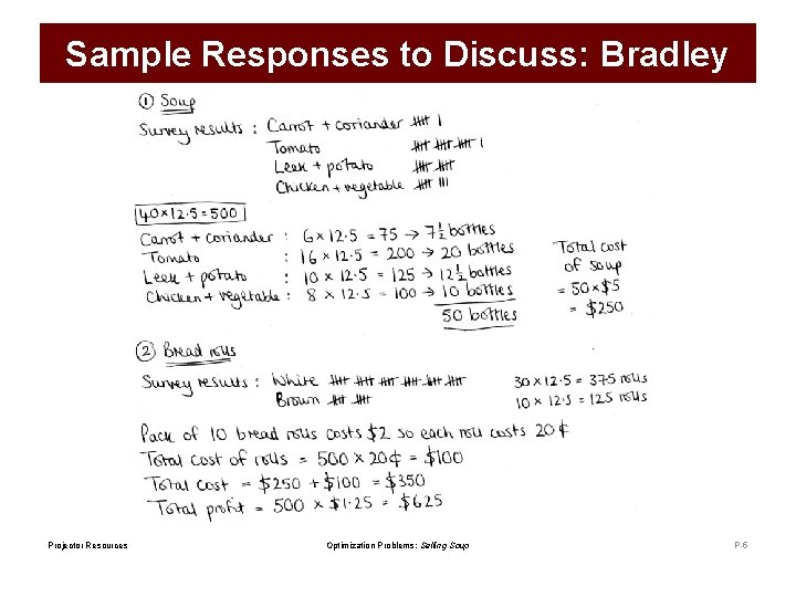 Sample Responses to Discuss: Bradley Projector Resources Optimization Problems: Selling Soup P-5 