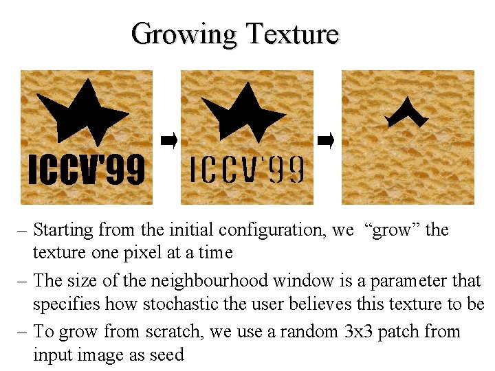 Growing Texture – Starting from the initial configuration, we “grow” the texture one pixel