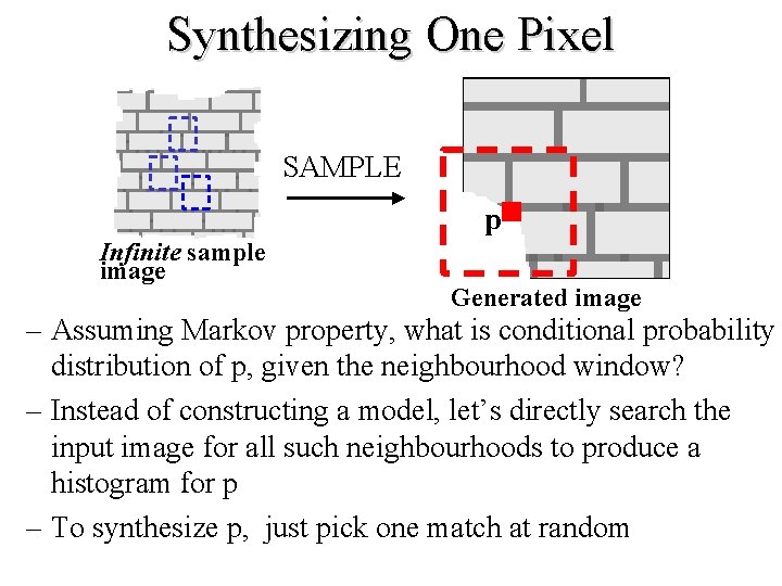 Synthesizing One Pixel SAMPLE p Infinite sample image Generated image – Assuming Markov property,