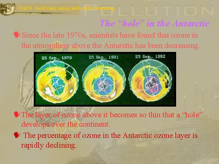 Unit 8 Acid rain, smog and global warming The “hole” in the Antarctic Since