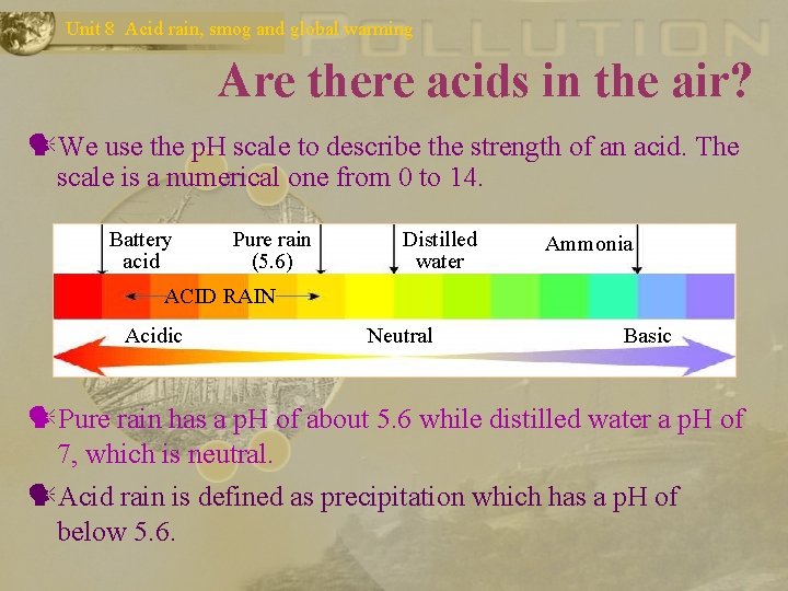 Unit 8 Acid rain, smog and global warming Are there acids in the air?