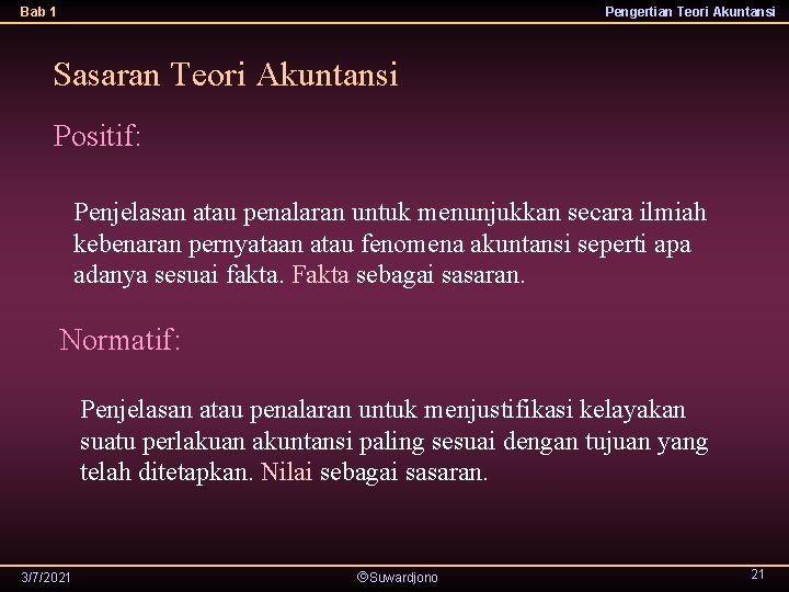 Bab 1 Pengertian Teori Akuntansi Sasaran Teori Akuntansi Positif: Penjelasan atau penalaran untuk menunjukkan