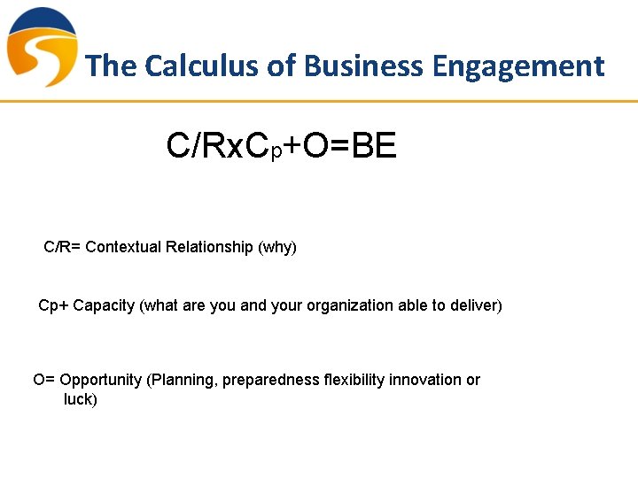 The Calculus of Business Engagement C/Rx. Cp+O=BE C/R= Contextual Relationship (why) Cp+ Capacity (what