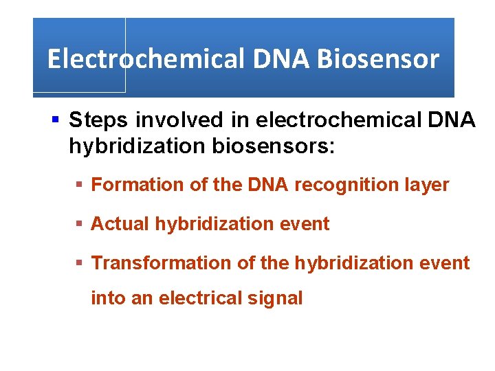 Electrochemical DNA Biosensor § Steps involved in electrochemical DNA hybridization biosensors: § Formation of