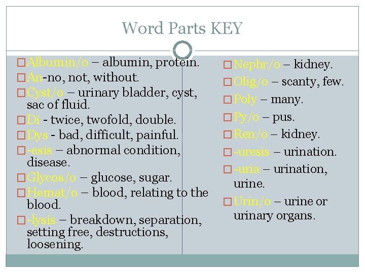 Word Parts KEY �Albumin/o – albumin, protein. �An-no, not, without. �Cyst/o – urinary bladder,