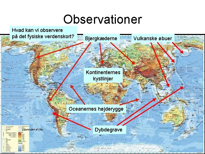 Observationer Hvad kan vi observere på det fysiske verdenskort? Bjergkæderne Kontinenternes kystlinjer Oceanernes højderygge