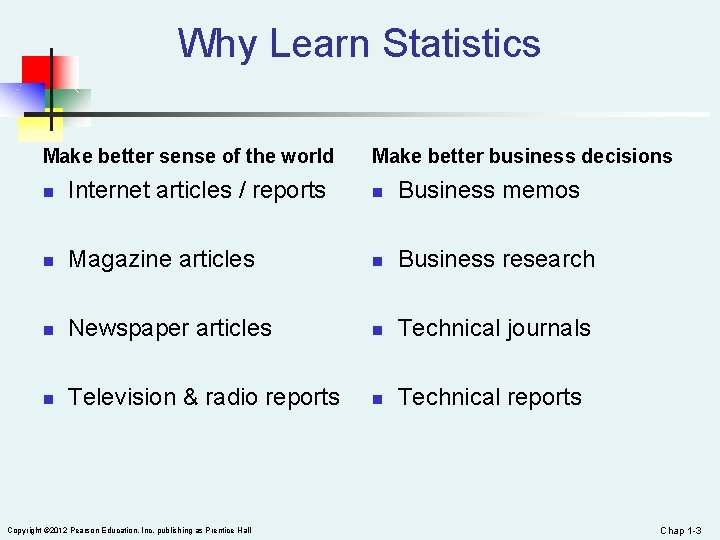 Why Learn Statistics Make better sense of the world Make better business decisions n