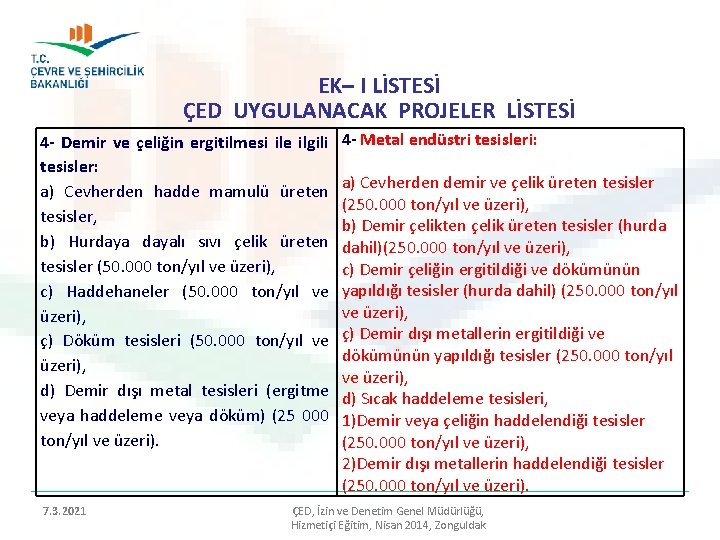 EK– I LİSTESİ ÇED UYGULANACAK PROJELER LİSTESİ 4 - Demir ve çeliğin ergitilmesi ile