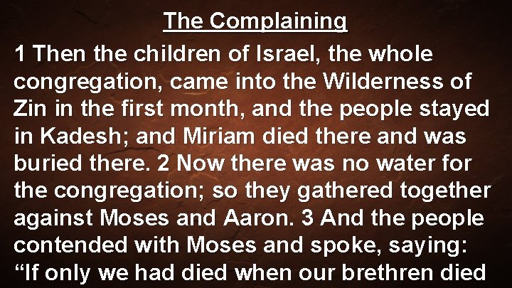 The Complaining 1 Then the children of Israel, the whole congregation, came into the