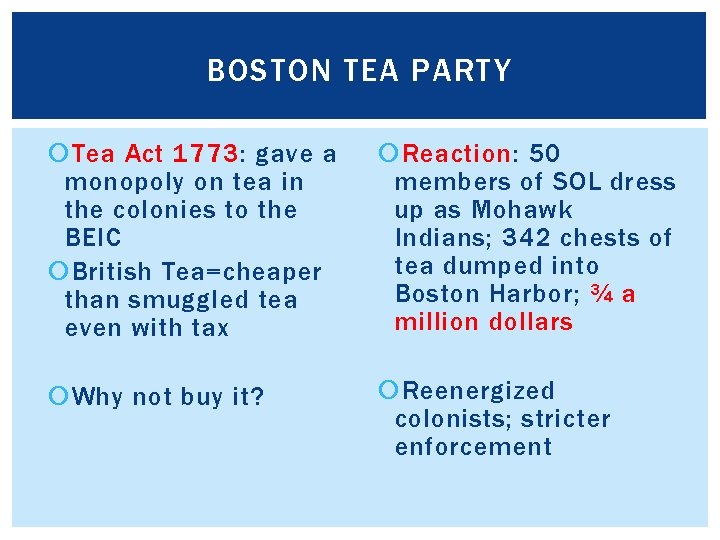 BOSTON TEA PARTY Tea Act 1773: gave a monopoly on tea in the colonies
