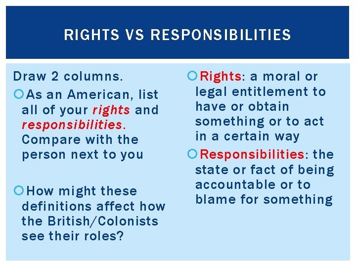 RIGHTS VS RESPONSIBILITIES Draw 2 columns. As an American, list all of your rights