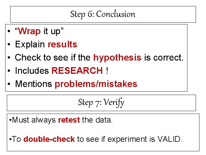 Step 6: Conclusion • • • “Wrap it up” Explain results Check to see