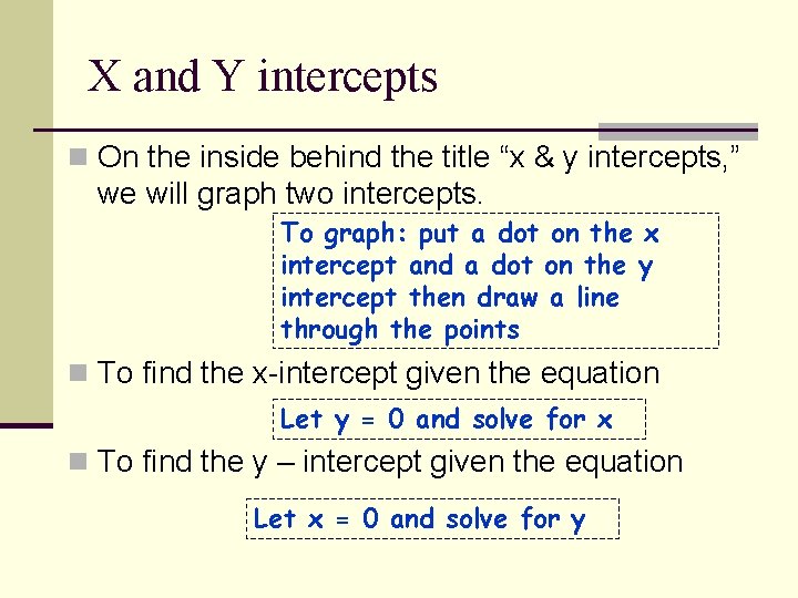 X and Y intercepts n On the inside behind the title “x & y