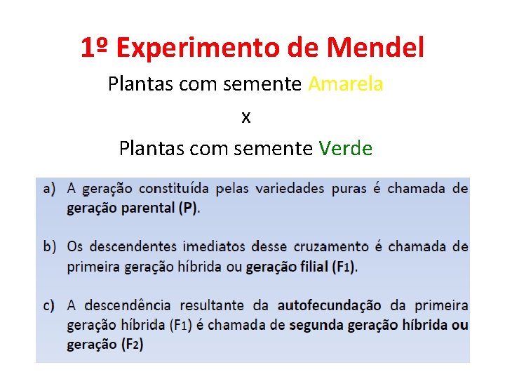 1º Experimento de Mendel Plantas com semente Amarela x Plantas com semente Verde 