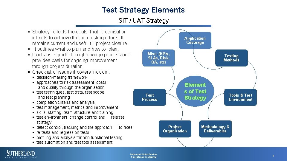 Test Strategy Elements SIT / UAT Strategy § Strategy reflects the goals that organisation