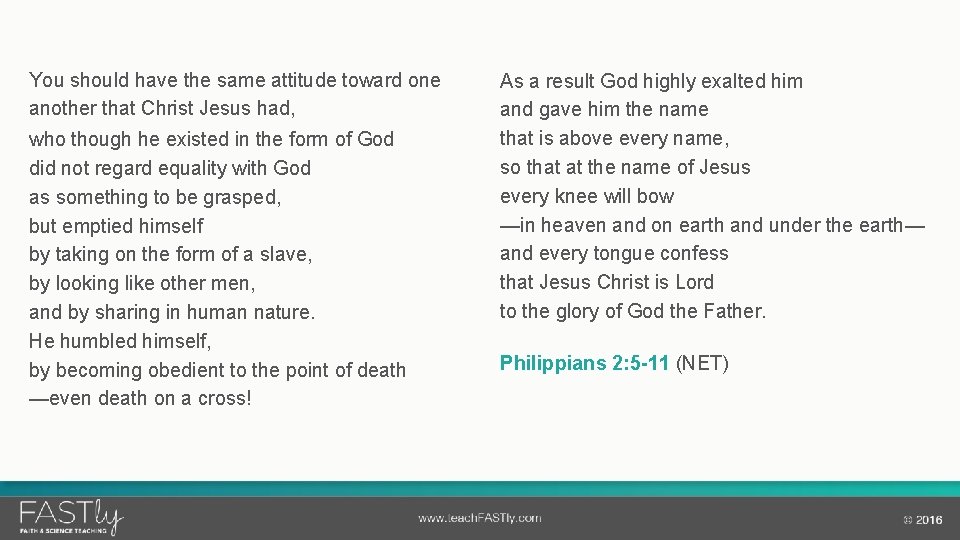 You should have the same attitude toward one another that Christ Jesus had, who