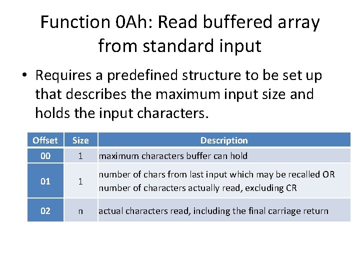 Function 0 Ah: Read buffered array from standard input • Requires a predefined structure