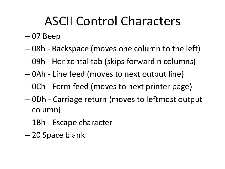 ASCII Control Characters – 07 Beep – 08 h - Backspace (moves one column