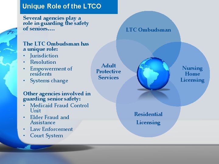 Unique Role of the LTCO Several agencies play a role in guarding the safety