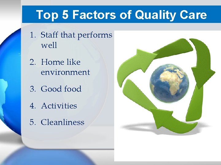 Top 5 Factors of Quality Care 1. Staff that performs well 2. Home like