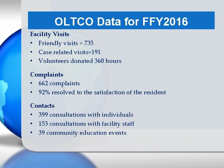 OLTCO Data for FFY 2016 Facility Visits • Friendly visits = 735 • Case