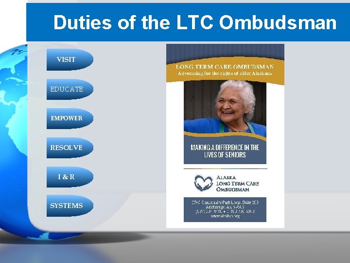 Duties of the LTC Ombudsman VISIT EDUCATE EMPOWER RESOLVE I&R SYSTEMS 