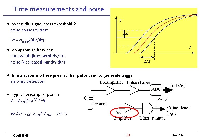 Time measurements and noise • When did signal cross threshold ? noise causes “jitter”