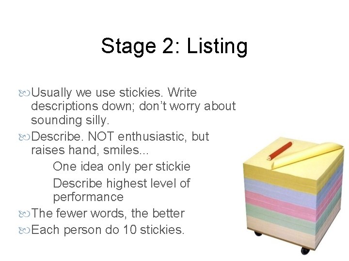 Stage 2: Listing Usually we use stickies. Write descriptions down; don’t worry about sounding