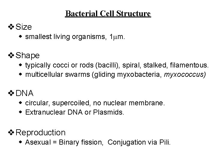 Bacterial Cell Structure v Size w smallest living organisms, 1 m. v Shape w