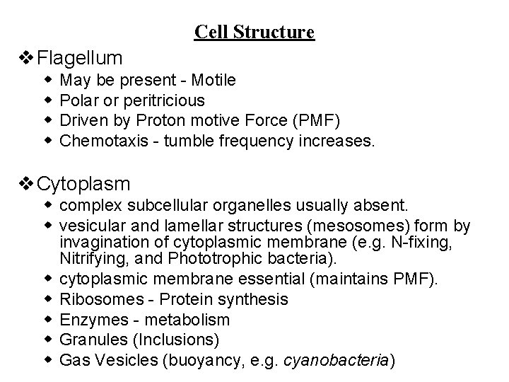 Cell Structure v Flagellum w w May be present - Motile Polar or peritricious