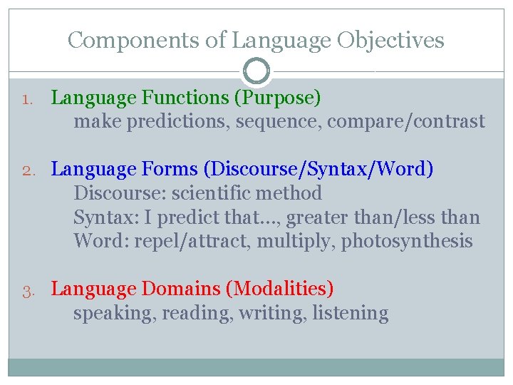 Components of Language Objectives 1. Language Functions (Purpose) make predictions, sequence, compare/contrast 2. Language