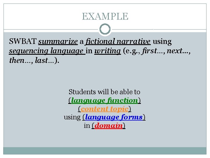 EXAMPLE SWBAT summarize a fictional narrative using sequencing language in writing (e. g. ,