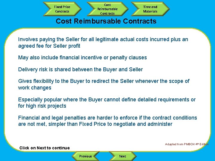 Cost Reimbursable Contracts Fixed Price Contracts Time and Materials Cost Reimbursable Contracts Involves paying