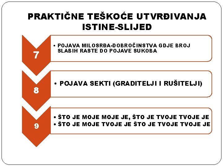 PRAKTIČNE TEŠKOĆE UTVRĐIVANJA ISTINE-SLIJED 7 8 9 • POJAVA MILOSRĐA-DOBROČINSTVA GDJE BROJ SLABIH RASTE PRAKTIČNE TEŠKOĆE UTVRĐIVANJA ISTINE-SLIJED 7 8 9 • POJAVA MILOSRĐA-DOBROČINSTVA GDJE BROJ SLABIH RASTE