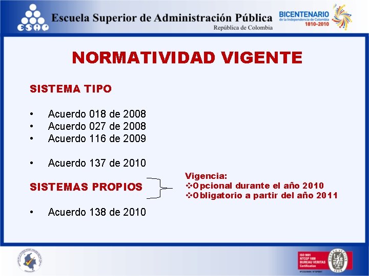 NORMATIVIDAD VIGENTE SISTEMA TIPO • • • Acuerdo 018 de 2008 Acuerdo 027 de