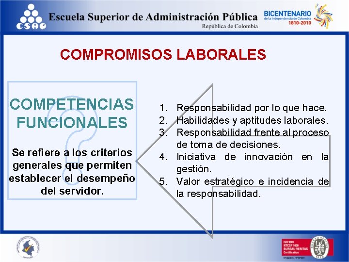 COMPROMISOS LABORALES COMPETENCIAS FUNCIONALES Se refiere a los criterios generales que permiten establecer el