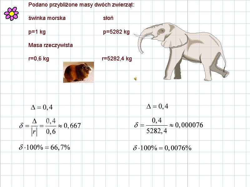 Podano przybliżone masy dwóch zwierząt: świnka morska słoń p=1 kg p=5282 kg Masa rzeczywista