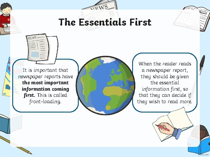 The Essentials First It is important that newspaper reports have the most important information