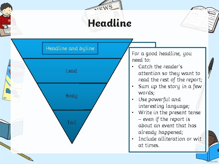 Headline and byline Lead Body Tail For a good headline, you need to: •