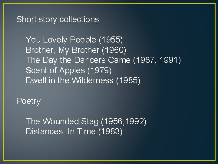 Short story collections You Lovely People (1955) Brother, My Brother (1960) The Day the