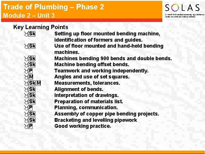 Trade of Plumbing – Phase 2 Module 2 – Unit 3 Key Learning Points