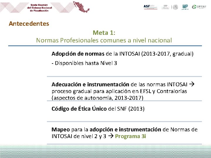 Antecedentes Meta 1: Normas Profesionales comunes a nivel nacional Adopción de normas de la