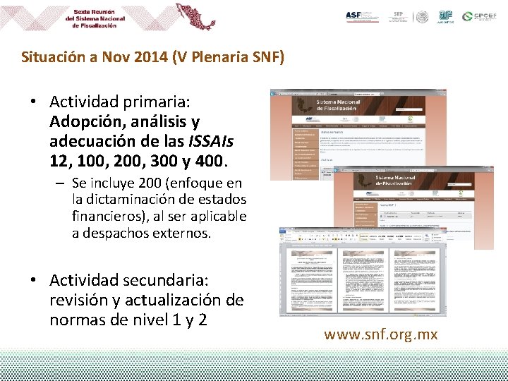 Situación a Nov 2014 (V Plenaria SNF) • Actividad primaria: Adopción, análisis y adecuación