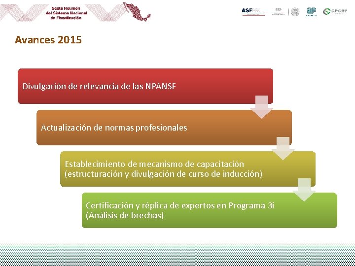 Avances 2015 Divulgación de relevancia de las NPANSF Actualización de normas profesionales Establecimiento de