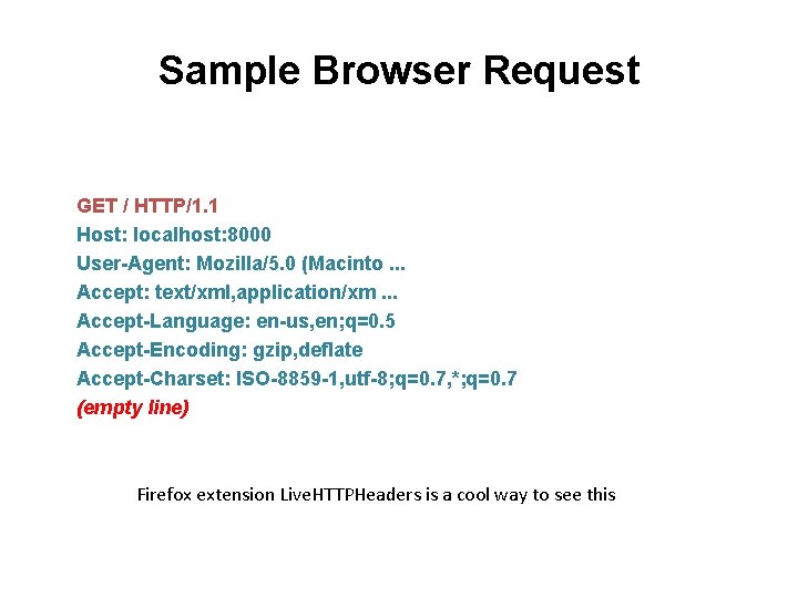 Sample Browser Request GET / HTTP/1. 1 Host: localhost: 8000 User-Agent: Mozilla/5. 0 (Macinto.